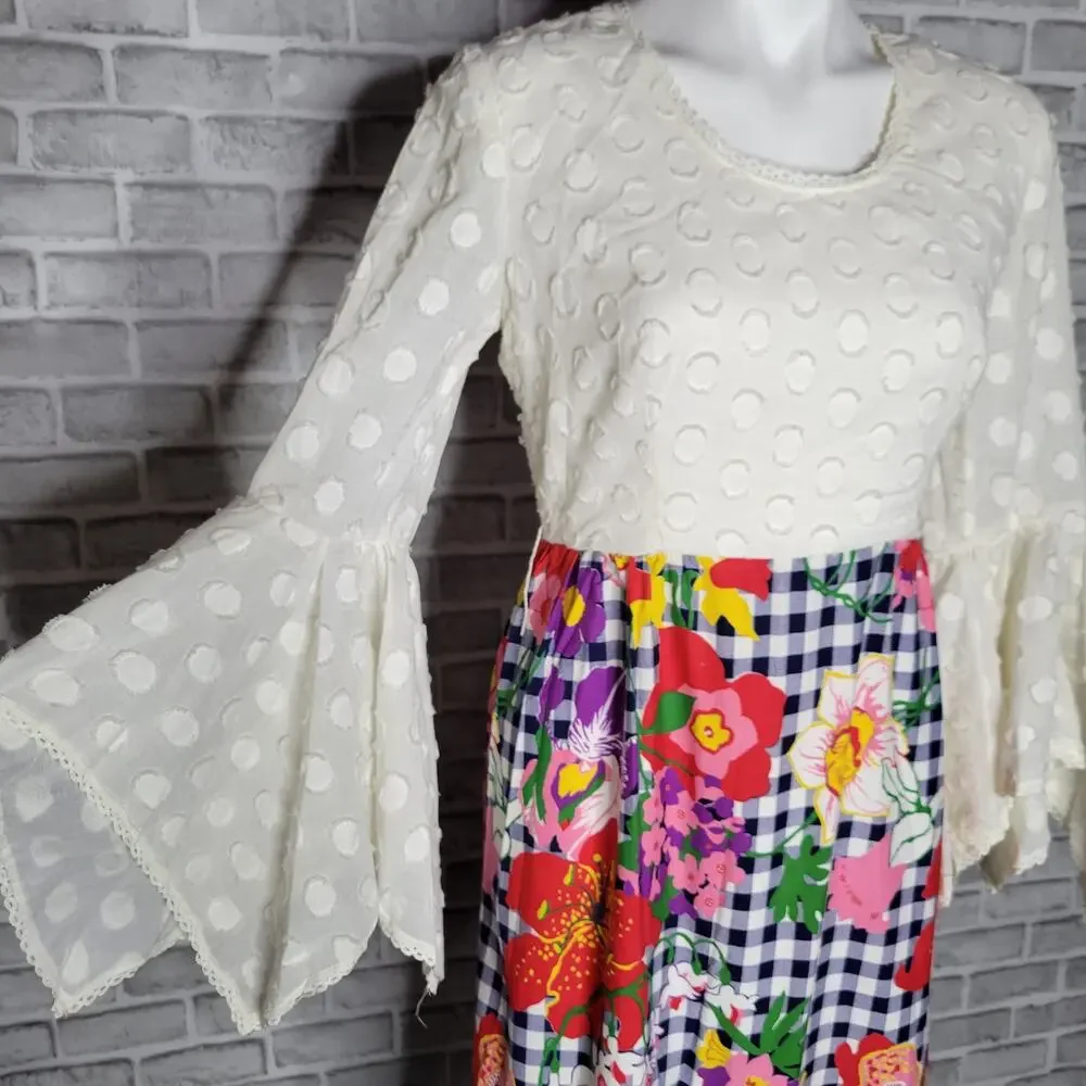 Vintage 60s Floral Gingham Psychedelic Bell Sleeve Maxi Dress - Picture 4 of 4